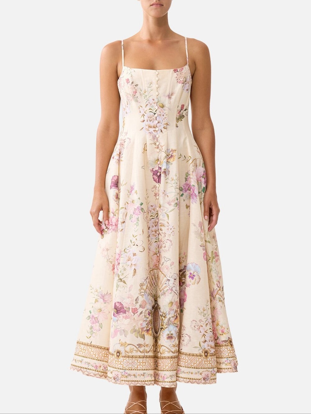 Camilla corset dress with long flared skirt In Adorned in aranjuez